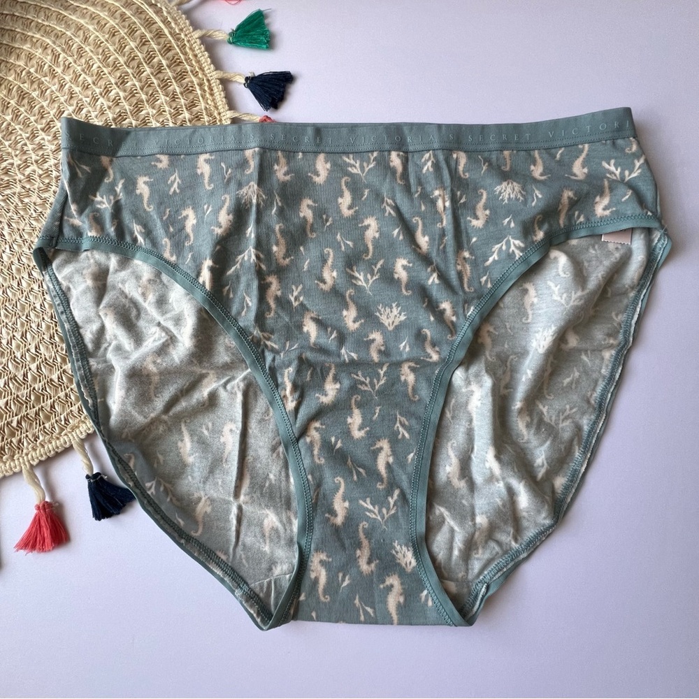 Victoria's Secret Stretch Cotton High-Leg Brief Panty Jupiter Blue Seahorses L